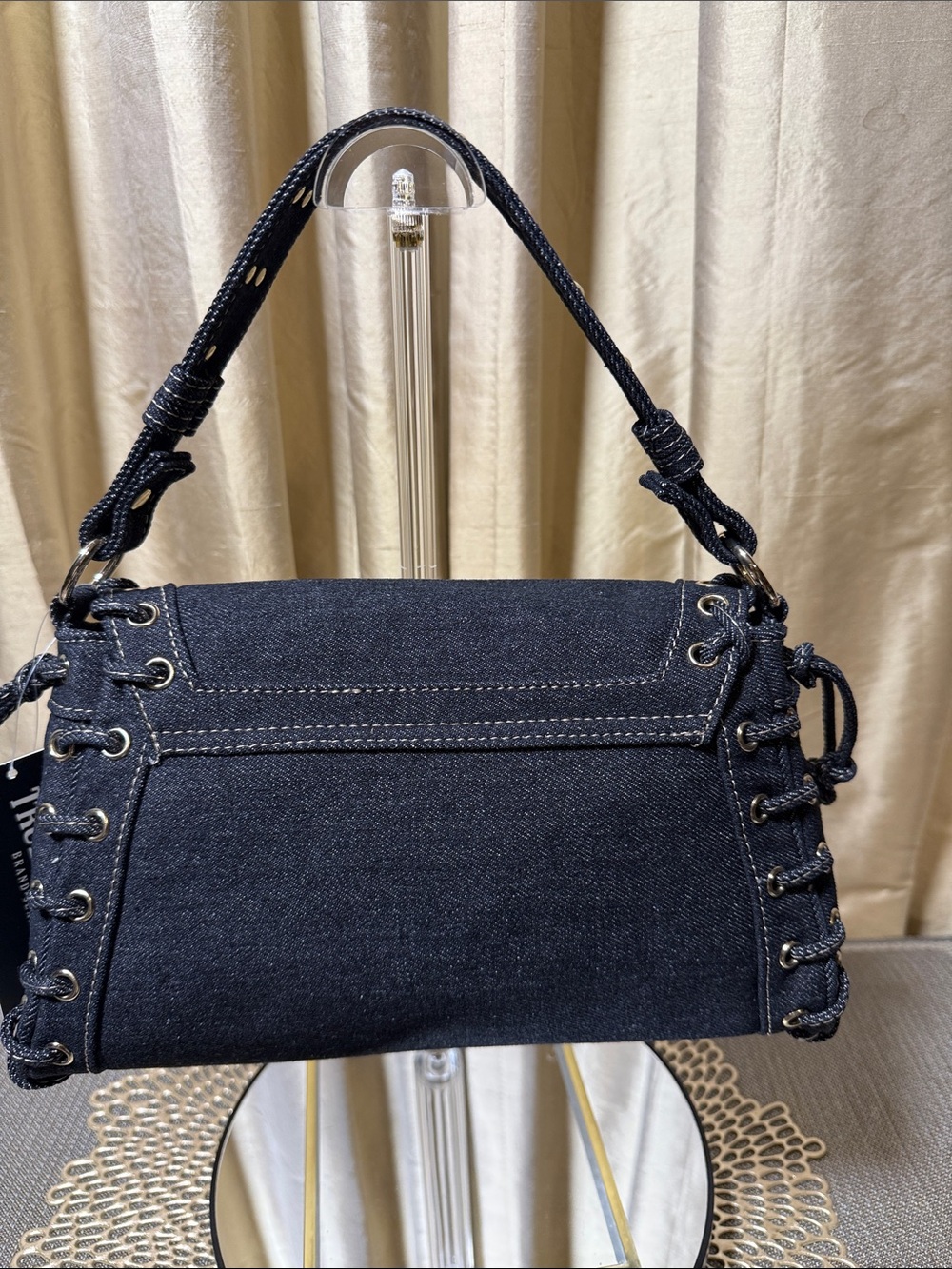 True Religion Joey Studded Horseshoe Eyelet Denim Flap Shoulder Bag NWT - Picture 3 of 9